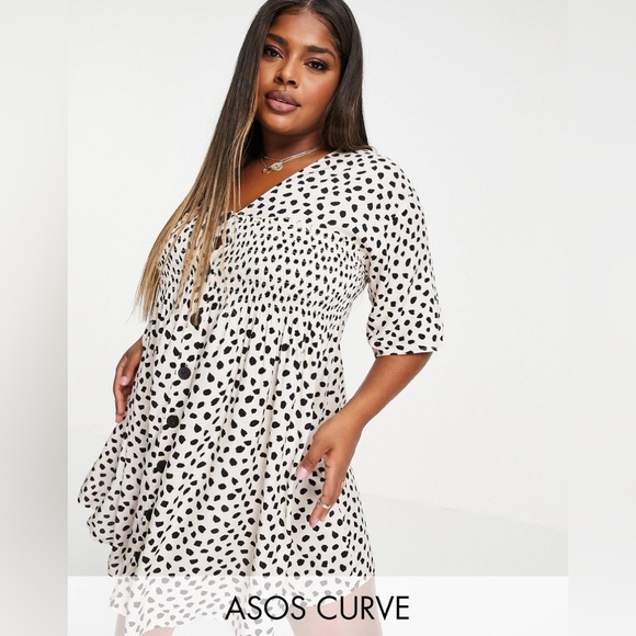 ASOS design curve shirred button through mini smock dress natural animal cheetah - Picture 3 of 11